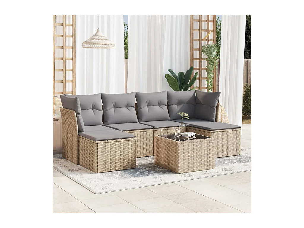 Set Divani da Giardino 7 pz con Cuscini Beige in Polyrattan