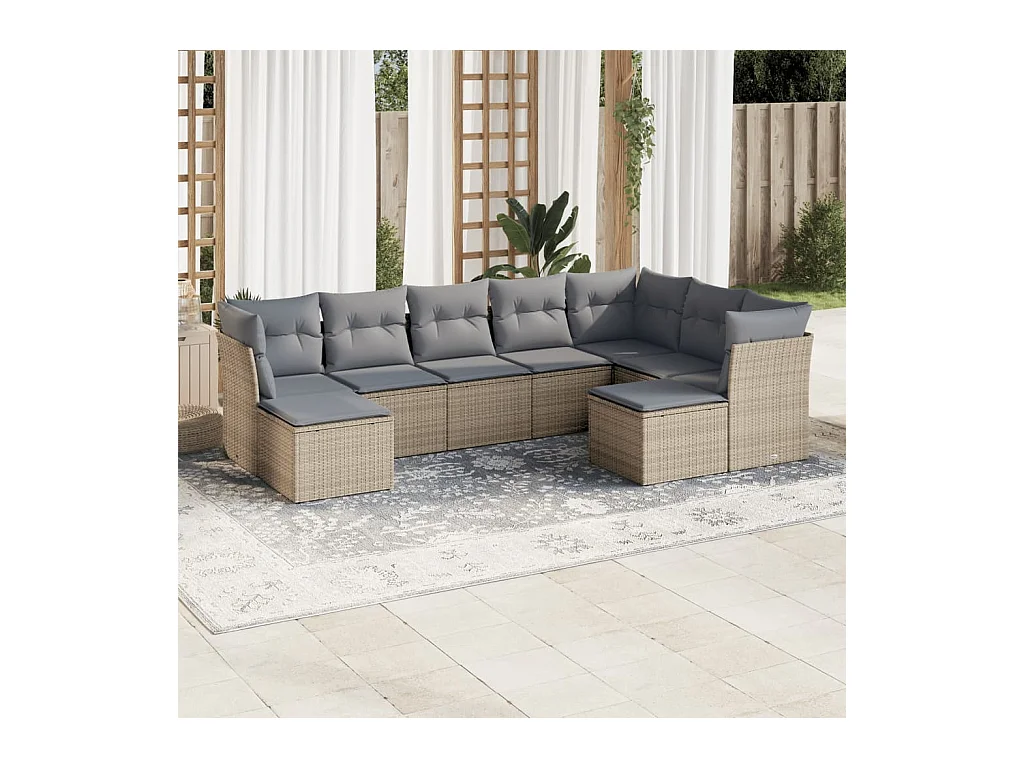 9-delige Loungeset met kussens poly rattan beige