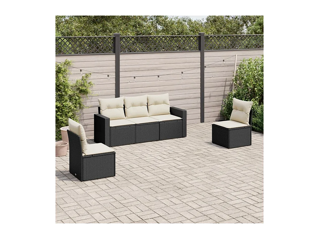 Salon de jardin 5 pcs avec coussins noir résine tressée