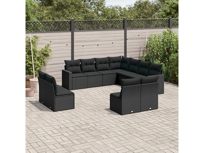 11-delige Loungeset met kussens poly rattan zwart