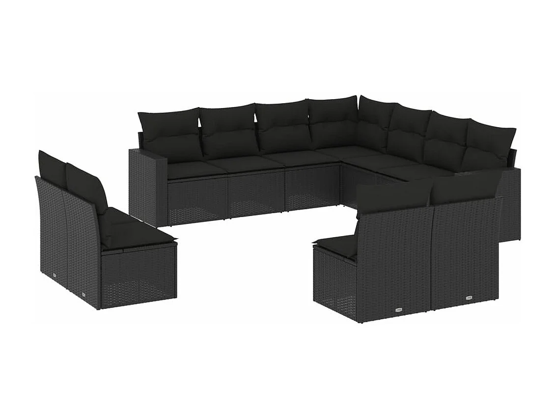 11-tlg. Garten-Sofagarnitur mit Kissen Schwarz Poly Rattan