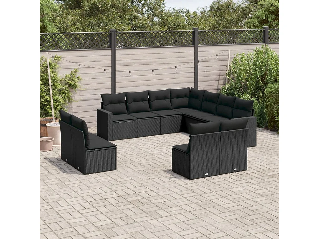 11-tlg. Garten-Sofagarnitur mit Kissen Schwarz Poly Rattan