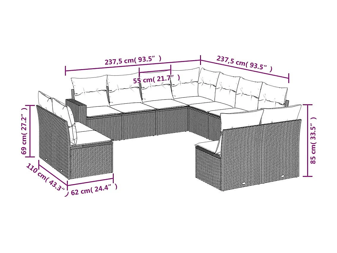 11-tlg. Garten-Sofagarnitur mit Kissen Schwarz Poly Rattan