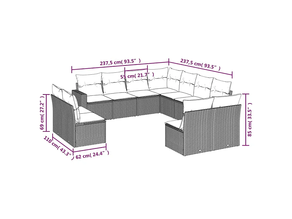 Set Divani da Giardino 11 pz con Cuscini in Polyrattan Nero