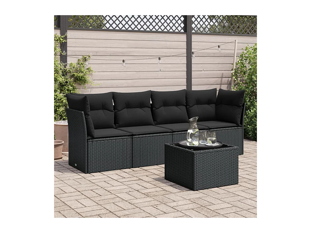 5-delige Loungeset met kussens poly rattan zwart