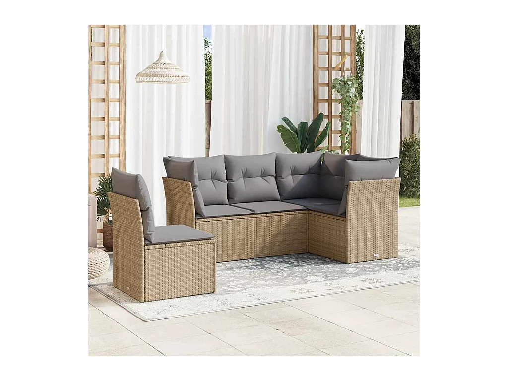 5-delige Loungeset met kussens poly rattan beige