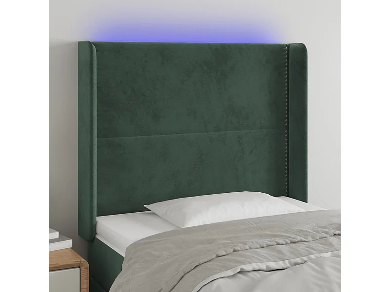 Cabeceira cama c/ luzes LED veludo 93x16x118/128cm verde-escuro