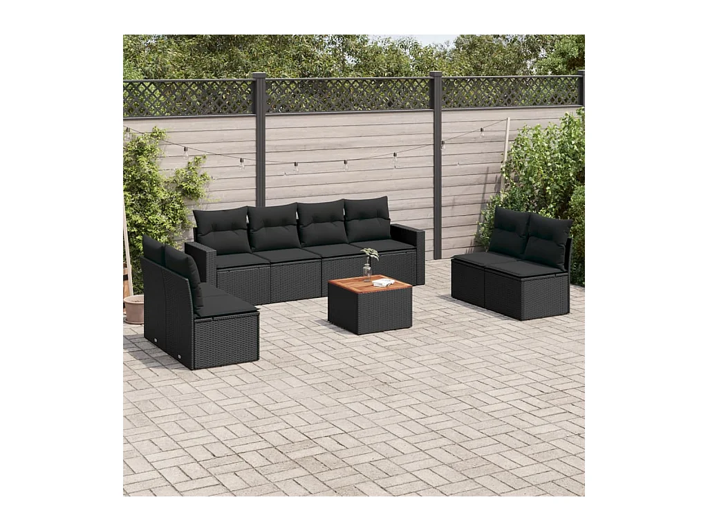 Set Divani da Giardino 9 pz con Cuscini Nero in Polyrattan