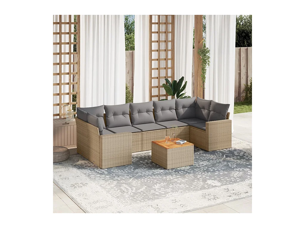 Salon de jardin avec coussins 8 pcs beige résine tressée