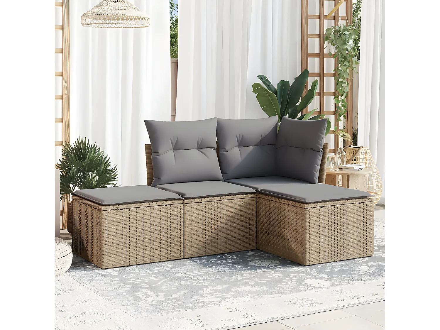 4-tlg. Garten-Sofagarnitur mit Kissen Beige Poly Rattan