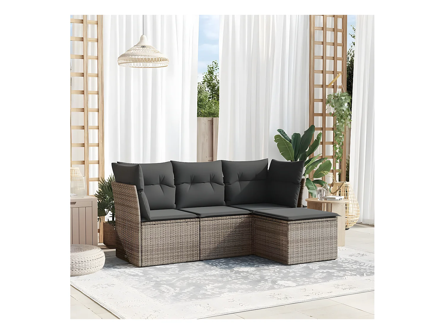 4-tlg. Garten-Sofagarnitur mit Kissen Grau Poly Rattan