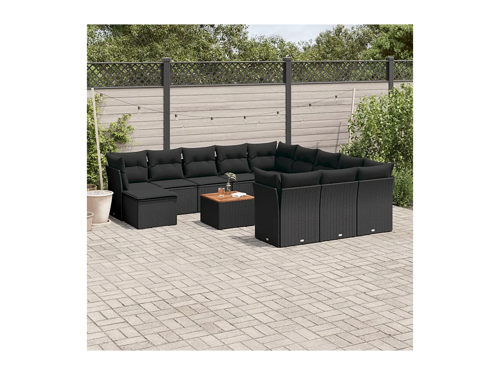 13-delige Loungeset met kussens poly rattan zwart