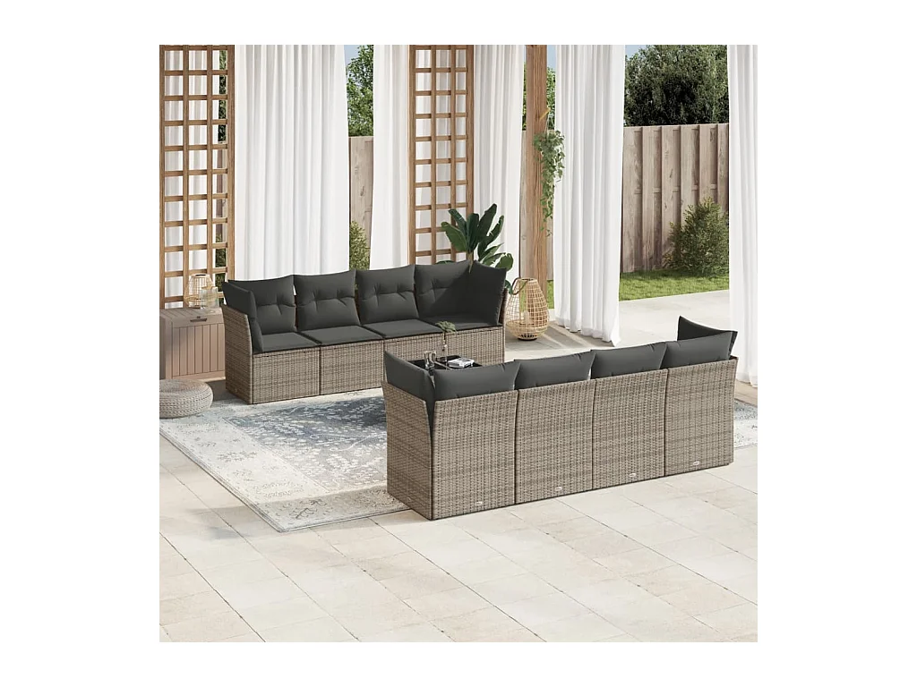 Salon de jardin 9 pcs avec coussins gris résine tressée