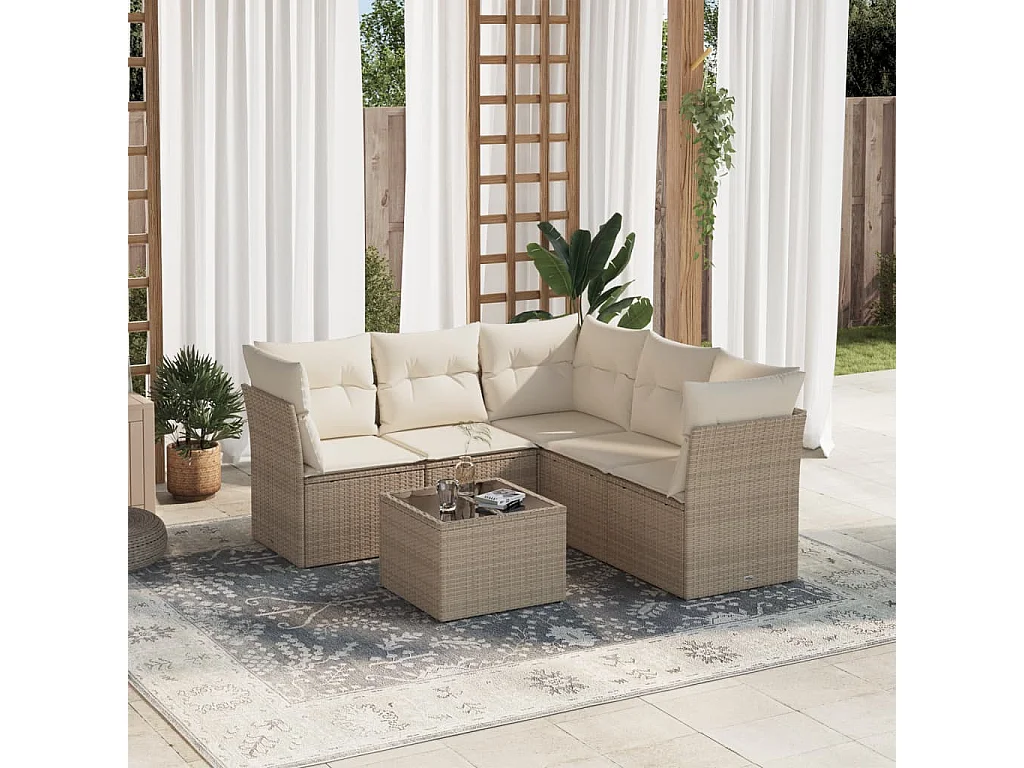 6-delige Loungeset met kussens poly rattan beige