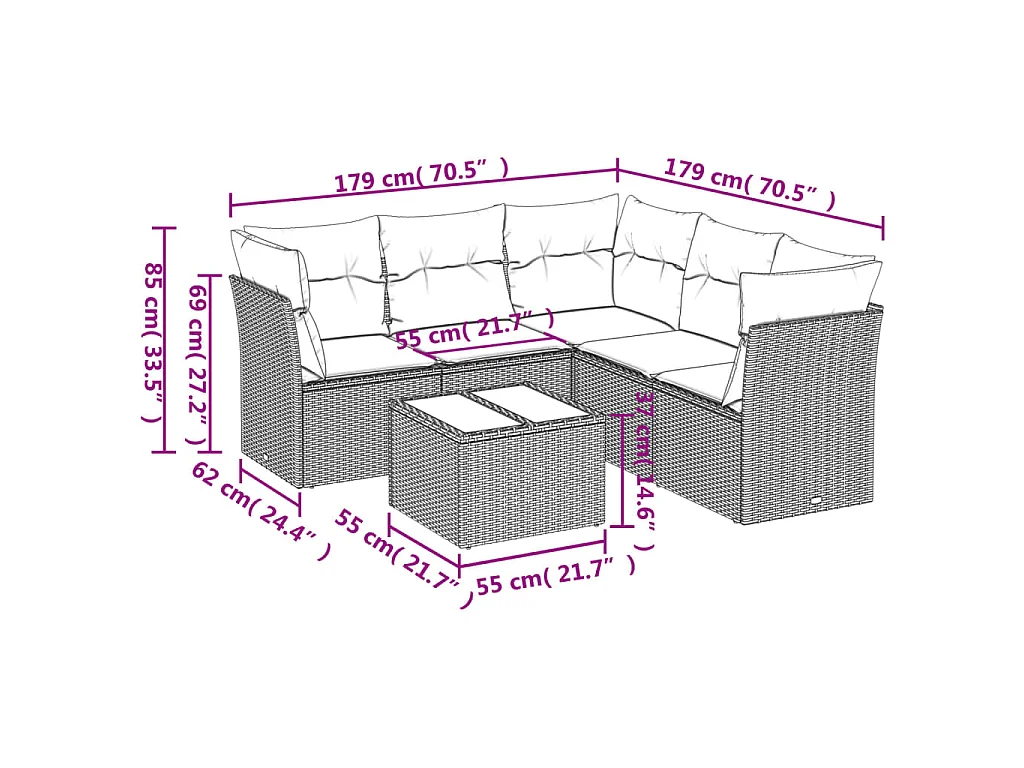 6-delige Loungeset met kussens poly rattan beige