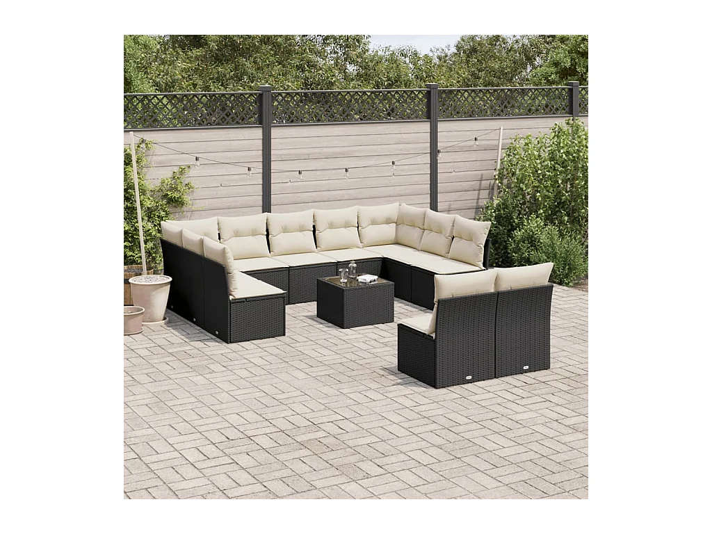 12 pcs conjunto de sofás de jardim c/ almofadões vime PE preto