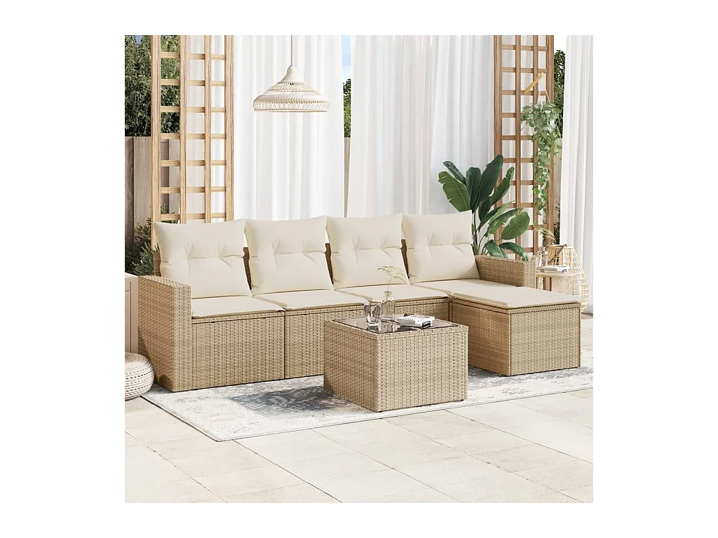 6-delige Loungeset met kussens poly rattan beige