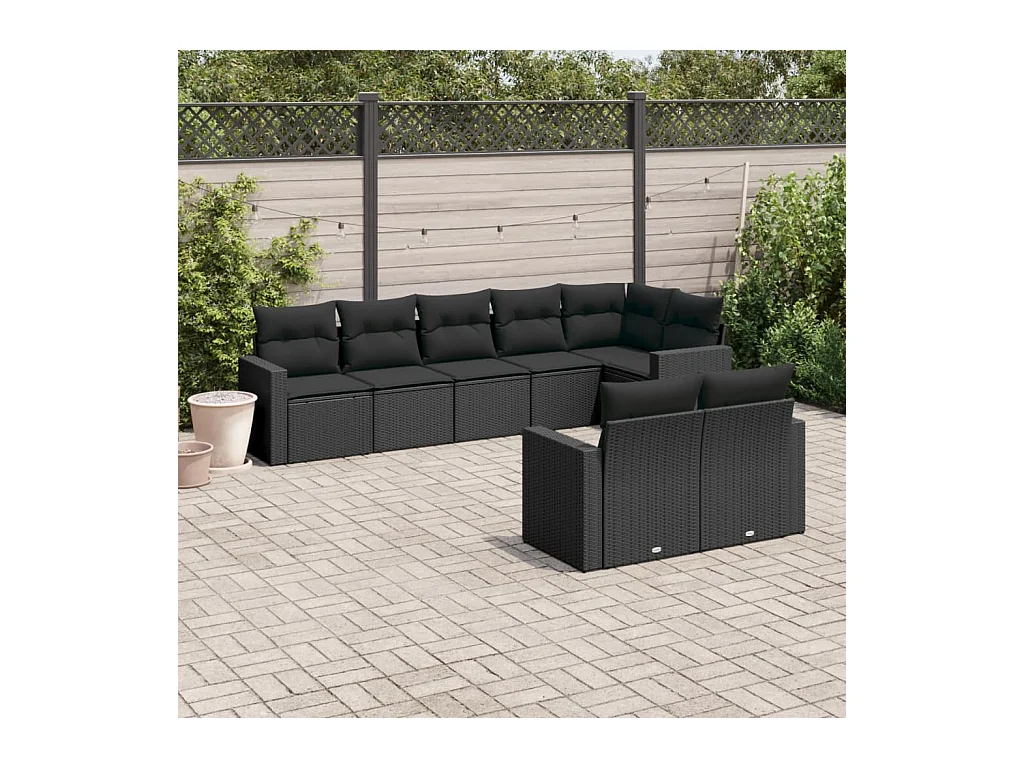 8-delige Loungeset met kussens poly rattan zwart