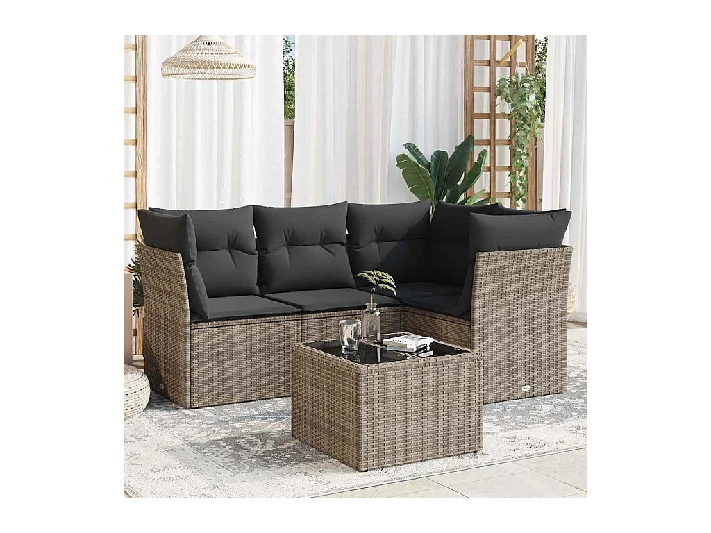 5-delige Loungeset met kussens poly rattan grijs