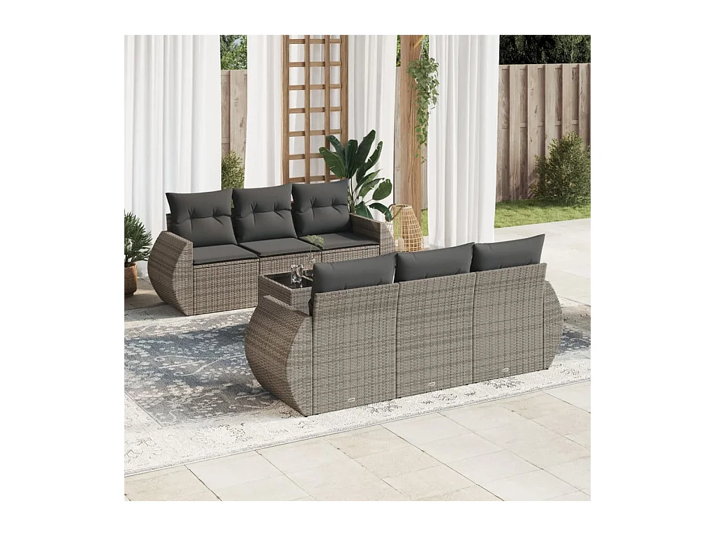 Set Divani da Giardino 7 pz con Cuscini Grigio in Polyrattan