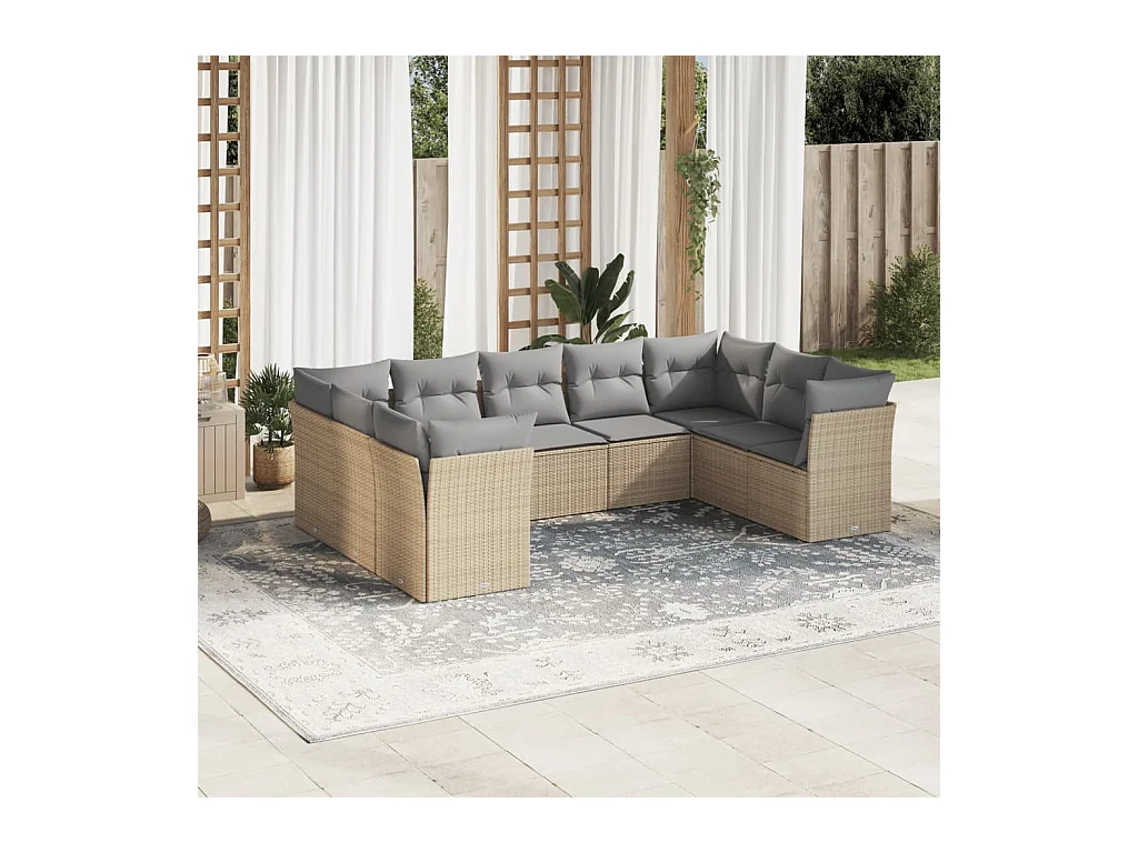 9 pcs conjunto de sofás p/ jardim com almofadões vime PE bege