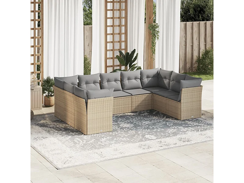 Set Divano da Giardino 9 pz con Cuscini Beige in Polyrattan