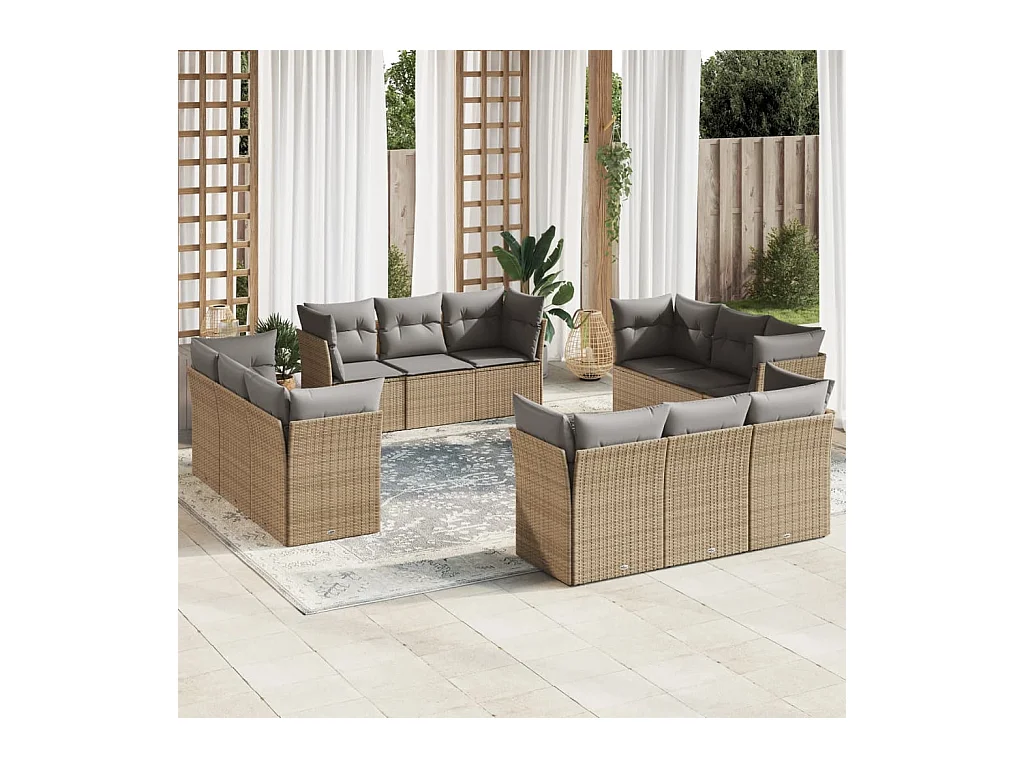 Salon de jardin avec coussins 12 pcs beige résine tressée