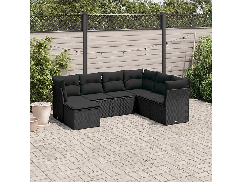 7-tlg. Garten-Sofagarnitur mit Kissen Schwarz Poly Rattan