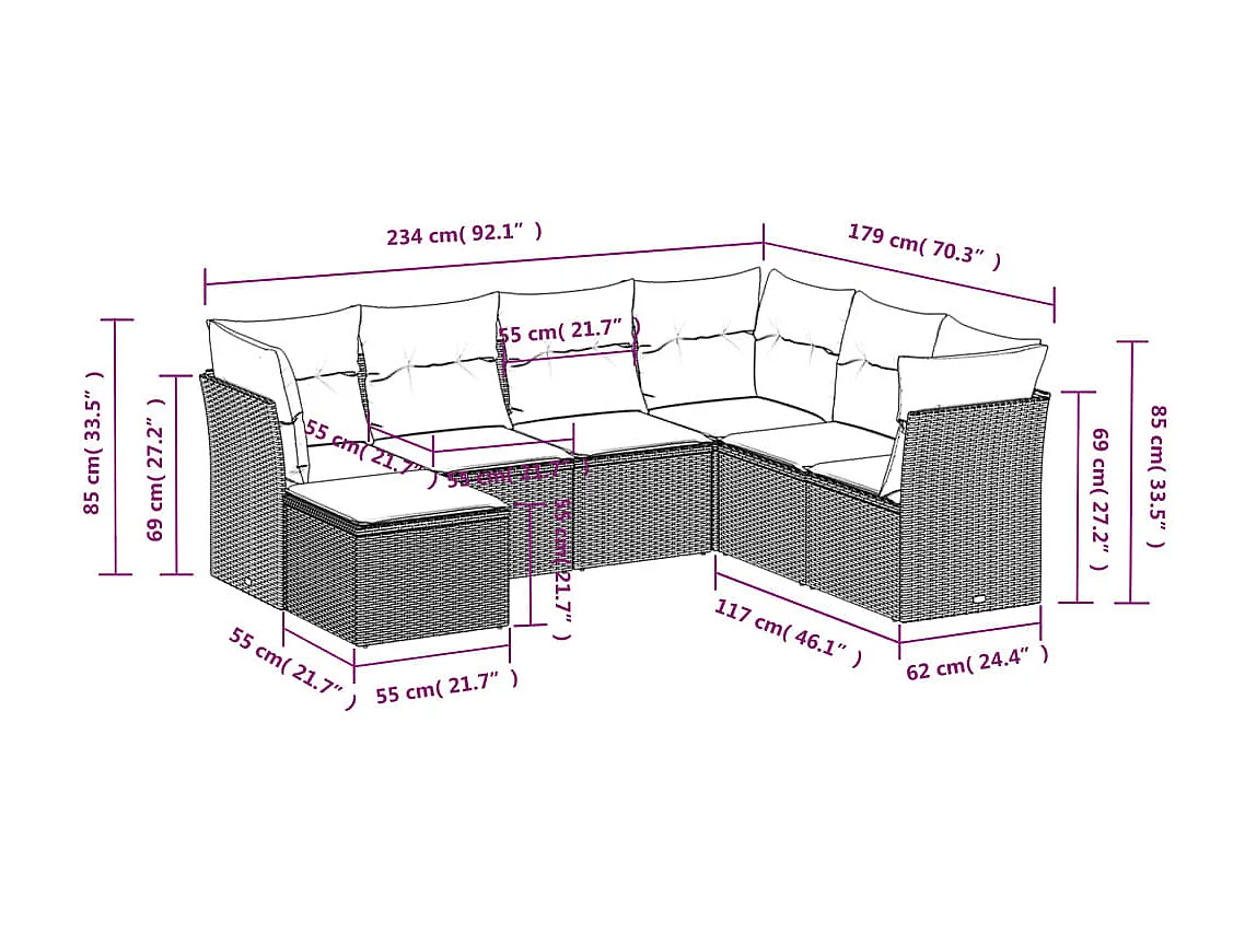 7-tlg. Garten-Sofagarnitur mit Kissen Schwarz Poly Rattan