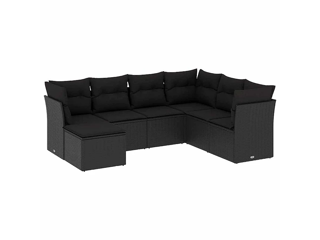 7-delige Loungeset met kussens poly rattan zwart