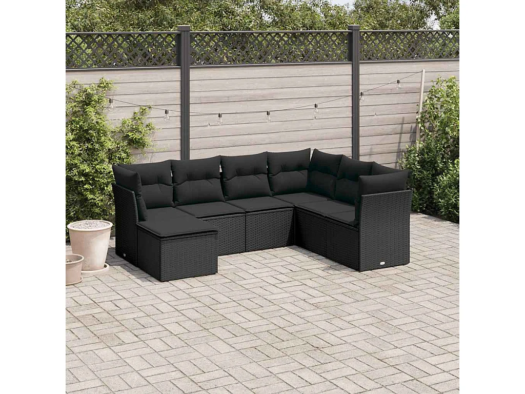 7-delige Loungeset met kussens poly rattan zwart