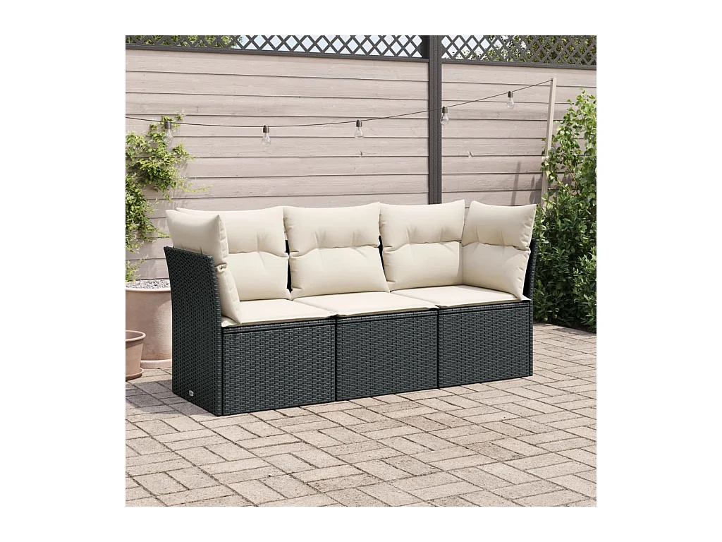 Salon de jardin 3 pcs avec coussins noir résine tressée