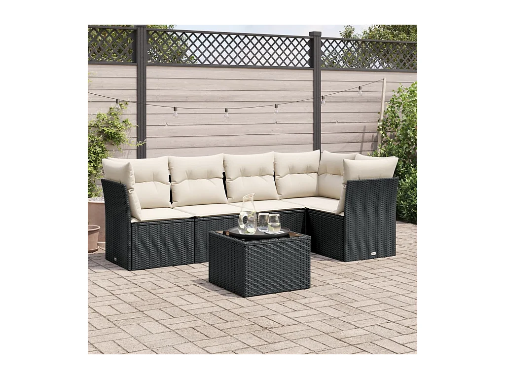 6-delige Loungeset met kussens poly rattan zwart