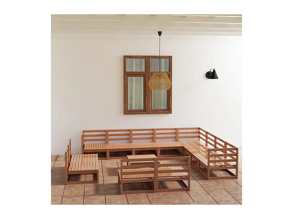 Set Salotto da Giardino 13pz Marrone Ambra Legno Massello Pino