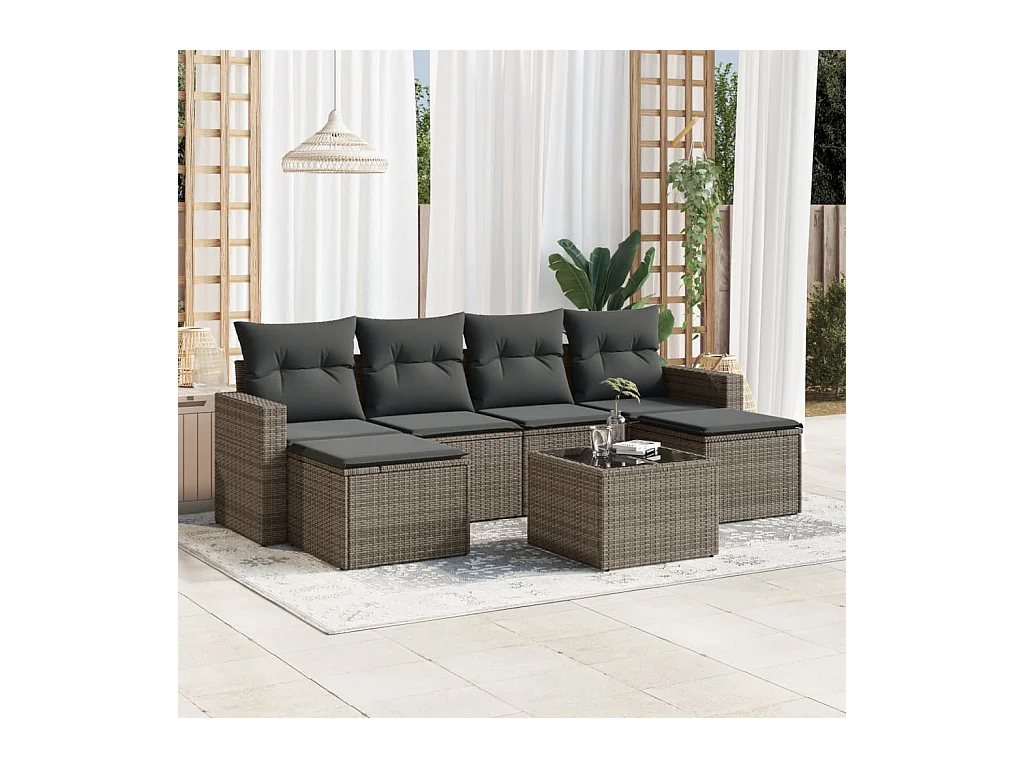 7-tlg. Garten-Sofagarnitur mit Kissen Grau Poly Rattan