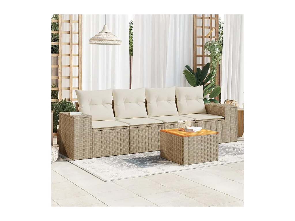 5-delige Loungeset met kussens poly rattan beige