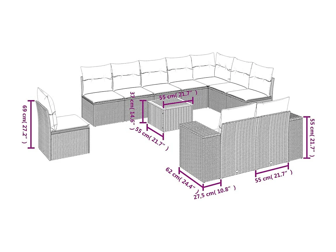 Set Divani da Giardino 11 pz con Cuscini Beige in Polyrattan
