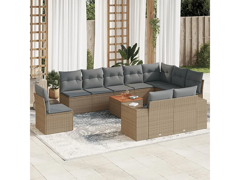 Set Divani da Giardino 11 pz con Cuscini Beige in Polyrattan