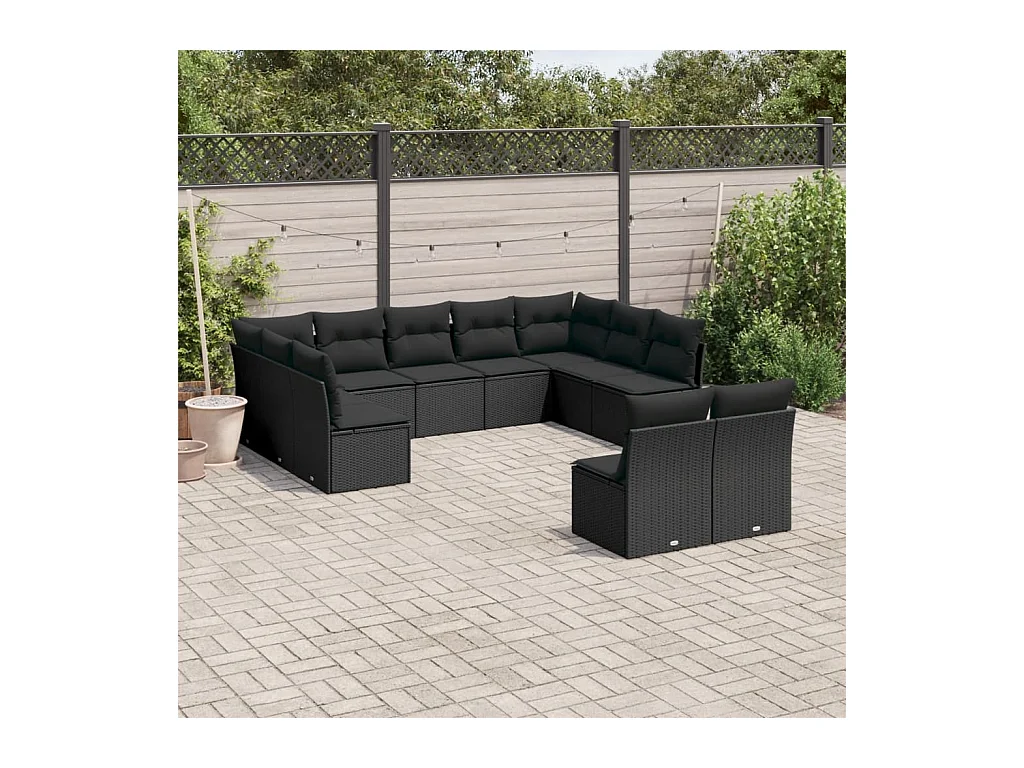 11-tlg. Garten-Sofagarnitur mit Kissen Schwarz Poly Rattan