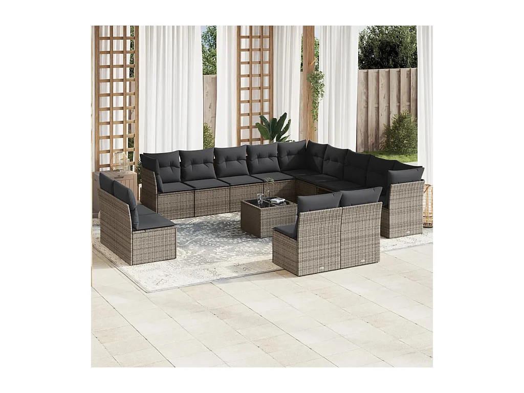 14-tlg. Garten-Sofagarnitur mit Kissen Grau Poly Rattan