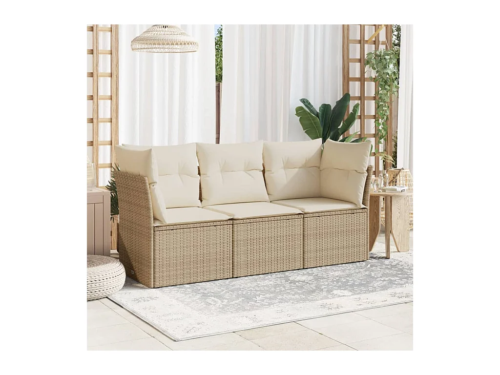 Set Divano da Giardino 3 pz con Cuscini Beige in Polyrattan