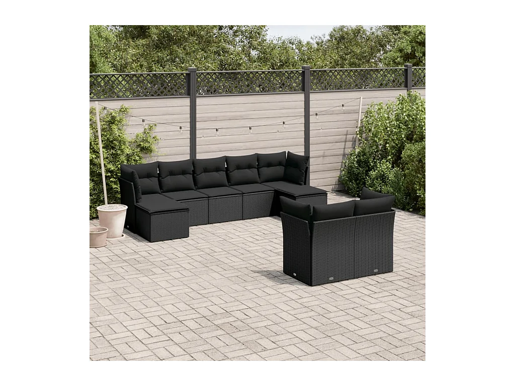 Set Divani da Giardino 9 pz con Cuscini Nero in Polyrattan