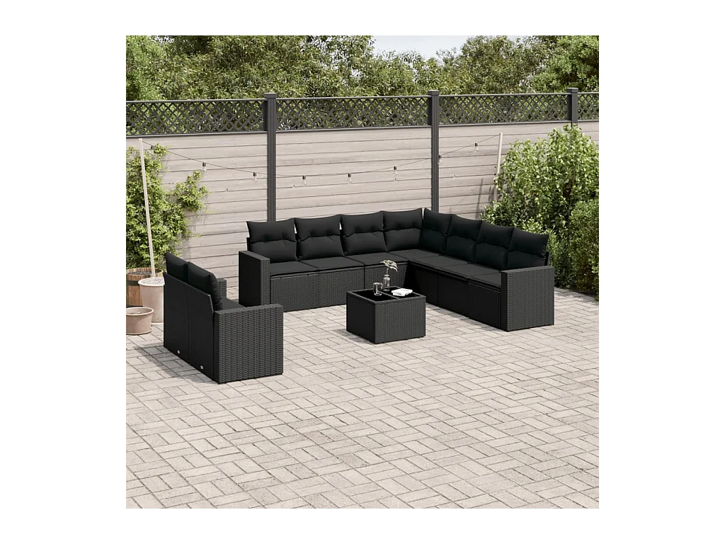 10-delige Loungeset met kussens poly rattan zwart
