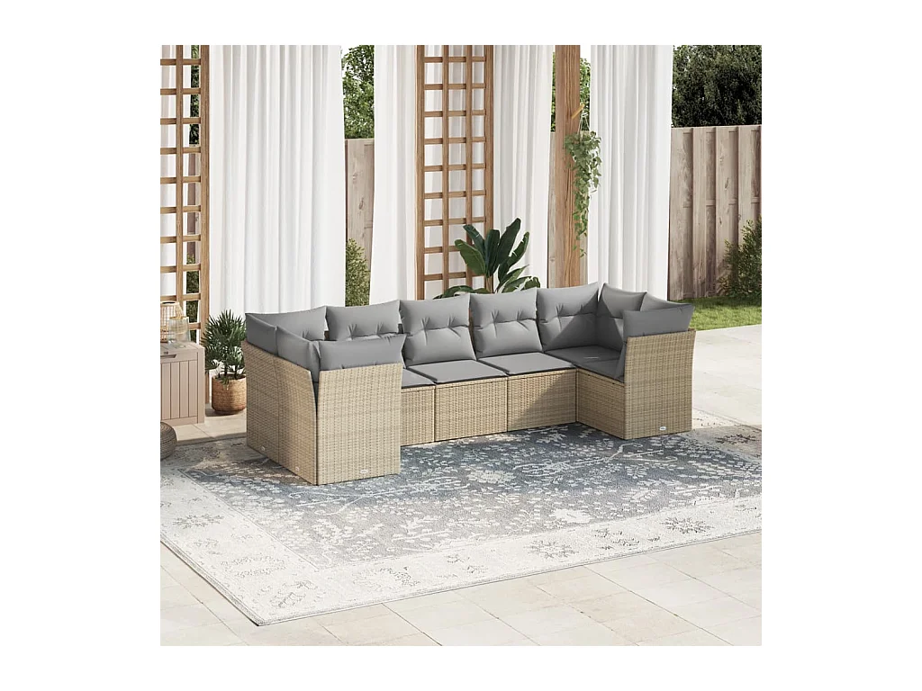 Salon de jardin avec coussins 7 pcs beige résine tressée
