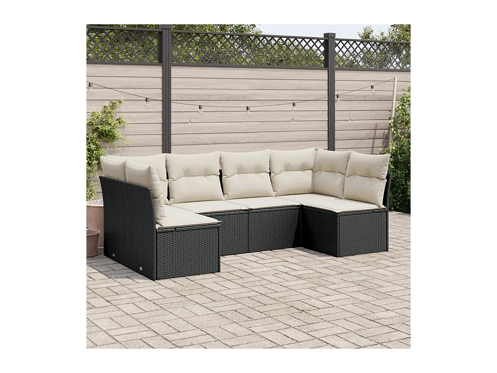 Set de sofás de jardín 6 piezas y cojines ratán sintético negro