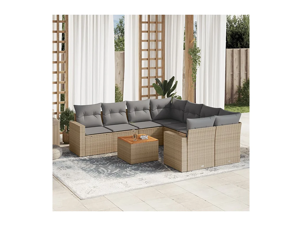 Salon de jardin avec coussins 9 pcs beige résine tressée