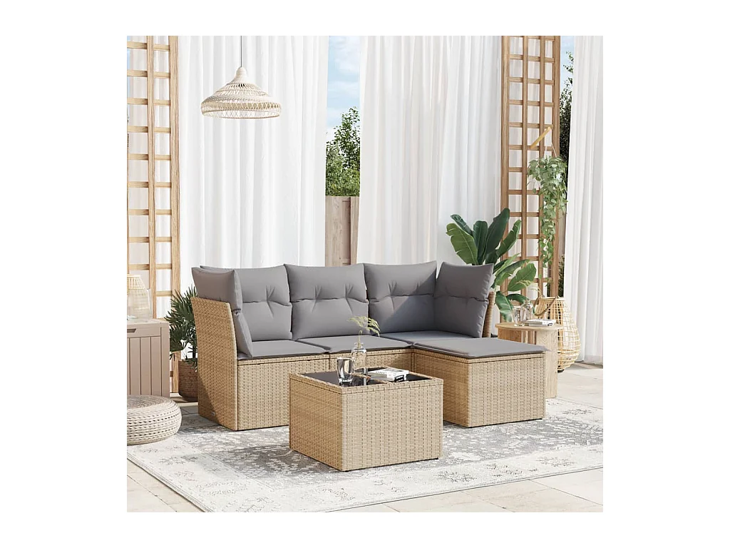 Salon de jardin avec coussins 5 pcs beige résine tressée