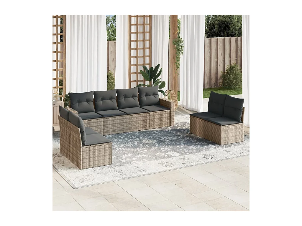 9-delige Loungeset met kussens poly rattan grijs