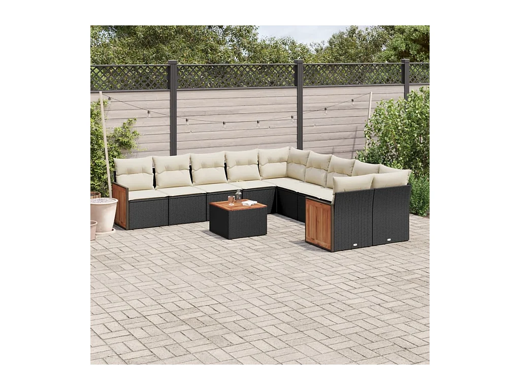 11-delige Loungeset met kussens poly rattan zwart