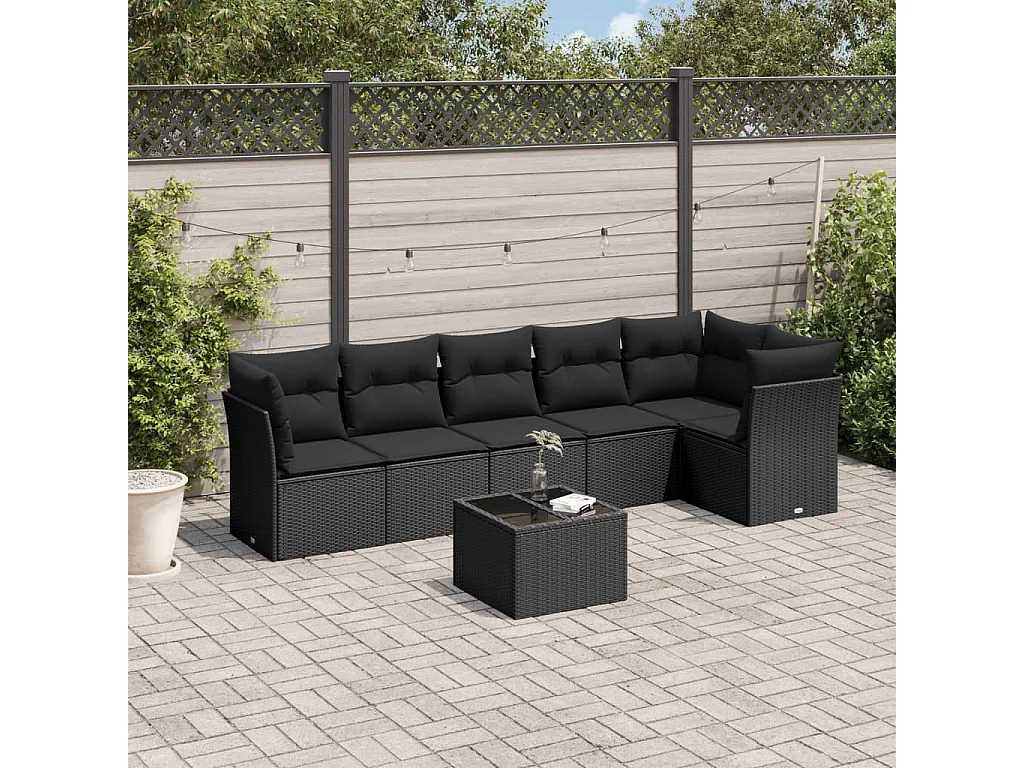 7 pcs conjunto de sofás p/ jardim c/ almofadões vime PE preto